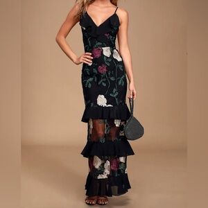 Lulu's True to Heart Black Floral Embroidered Maxi Dress